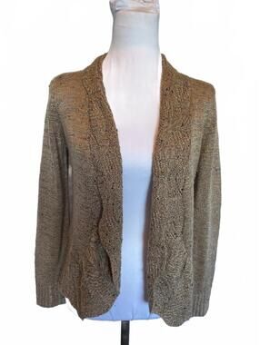 DB Petite Small Tan Speckled Cable Knit Open Front Cardigan Sweater